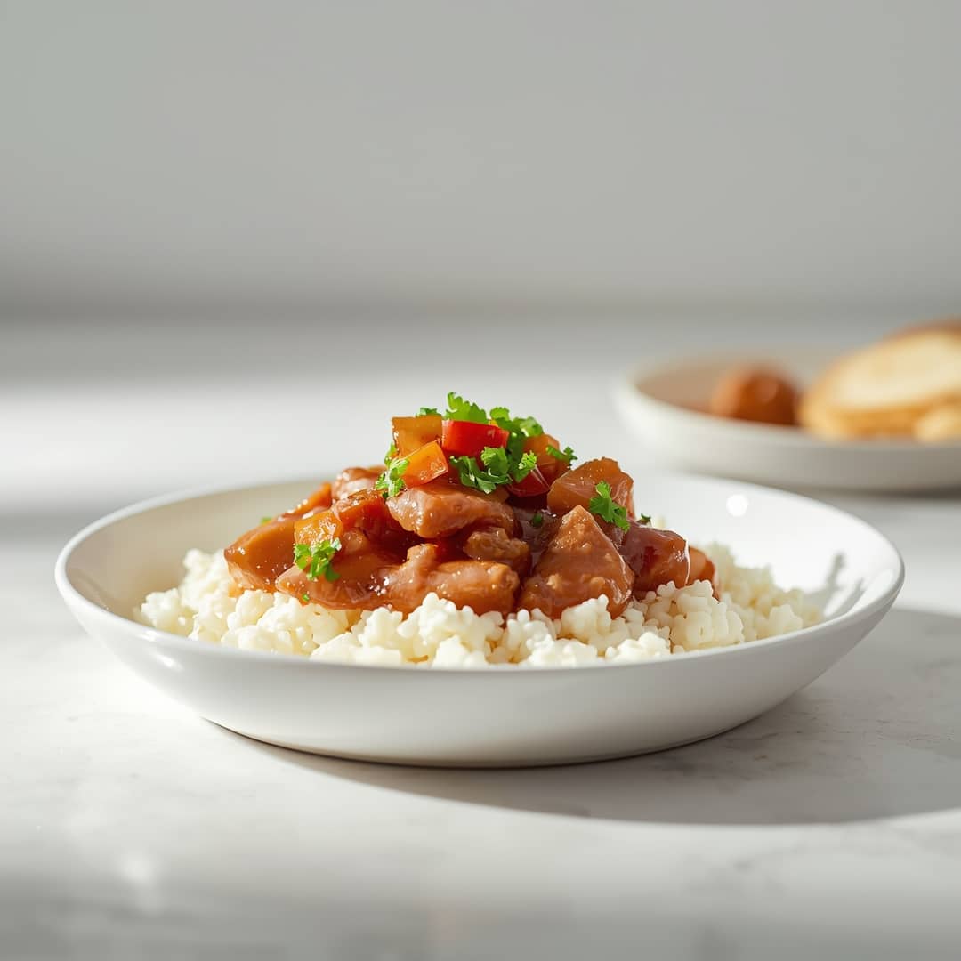 Sweet Hawaiian Crockpot Chicken - crispy golden skin with aromatic herb seasoning with fresh thyme leaves and roasted garlic cloves