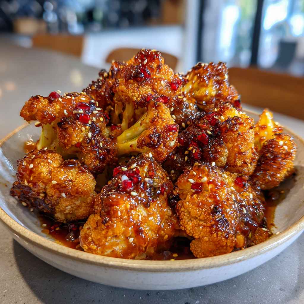 Sweet Spicy Baked Cauliflower - crispy golden exterior with warm flavorful filling with toasted sesame seeds and dipping bowl