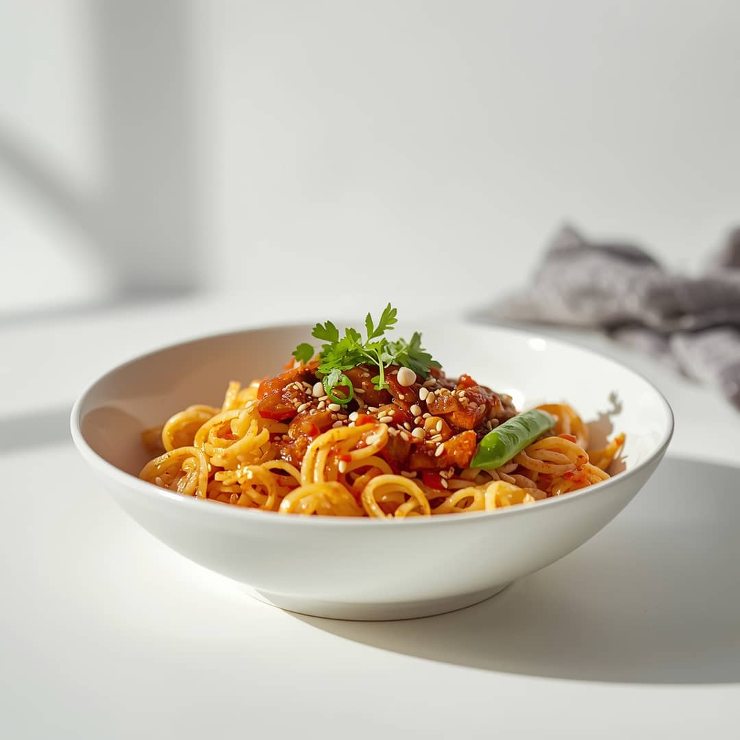 Sweet Spicy Ramen Noodle Stir Fry - tender pasta pockets smothered in rich flavorful sauce with chopped flat-leaf parsley and red pepper flakes