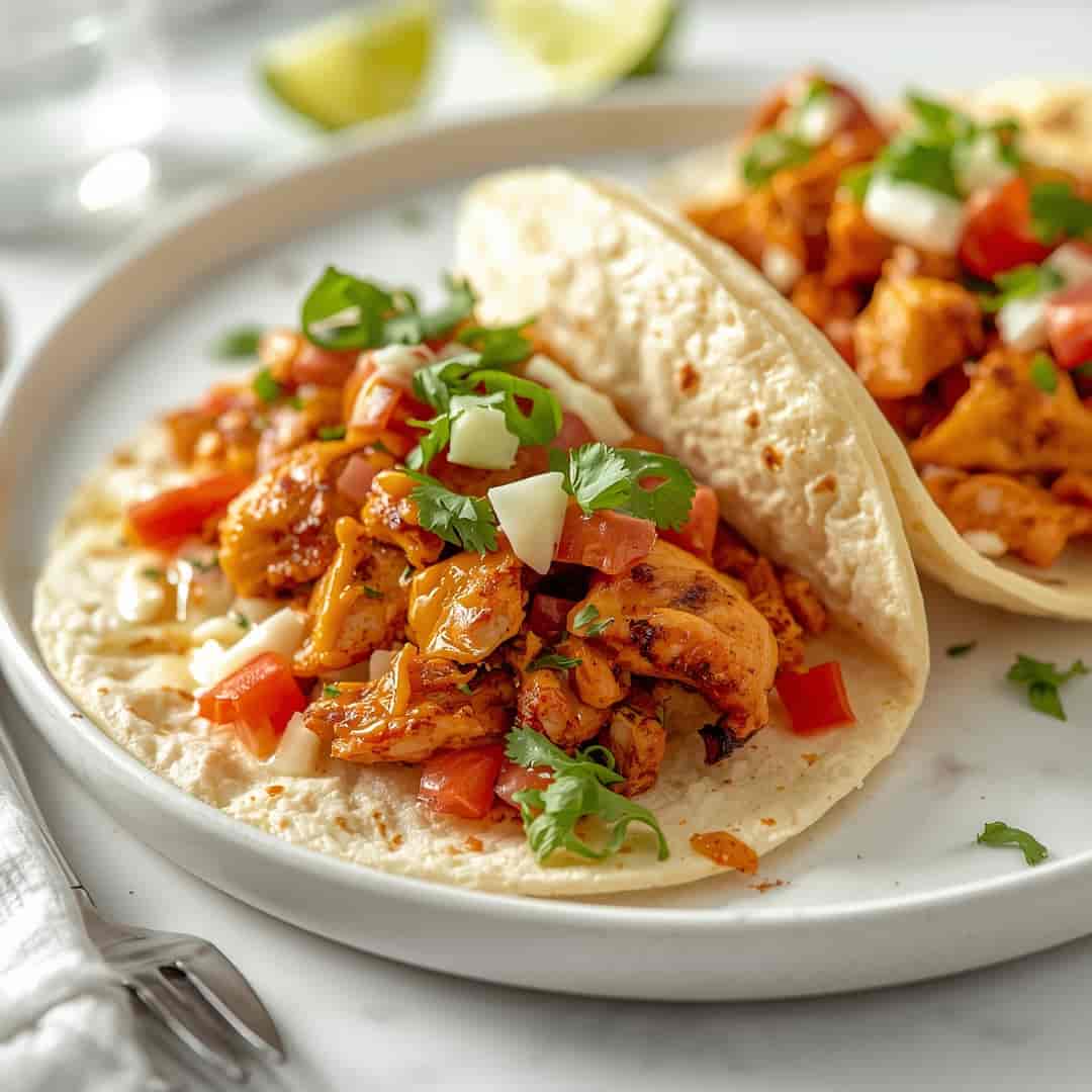 Tasty Rotisserie Chicken Tostadas - succulent simmered chicken smothered in rich pan sauce with fresh rosemary sprigs and pan drippings