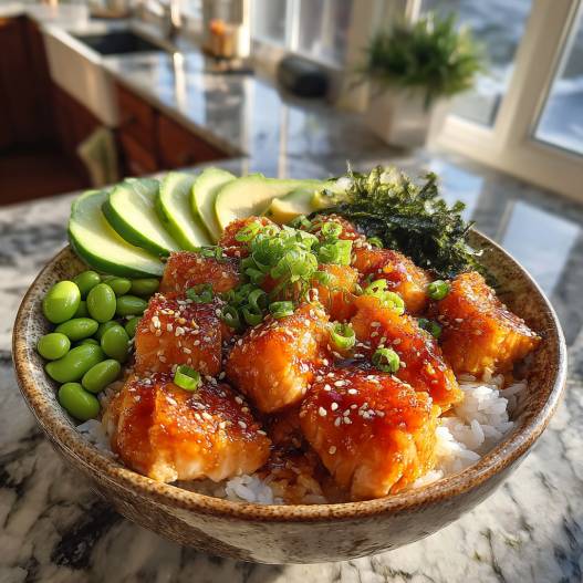 Teriyaki Salmon Sushi Bowl - colorful crunchy medley with radiant fresh textures with shaved radishes and fresh herbs