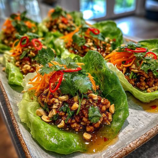 Thai Chicken Lettuce Wraps - succulent simmered chicken smothered in rich pan sauce with fresh rosemary sprigs and pan drippings
