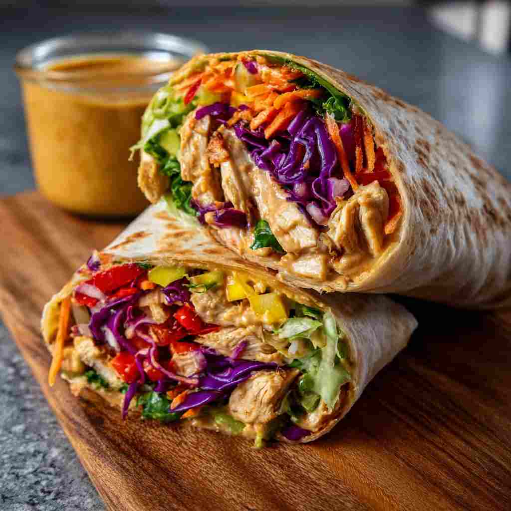 Thai Peanut Chicken Wrap - crispy golden skin with aromatic herb seasoning with fresh thyme leaves and roasted garlic cloves