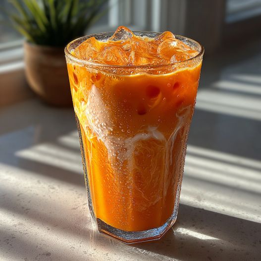 Thai Tea from Scratch - smooth creamy blended texture with rich froth with a delicate sugared rim and berry skewer