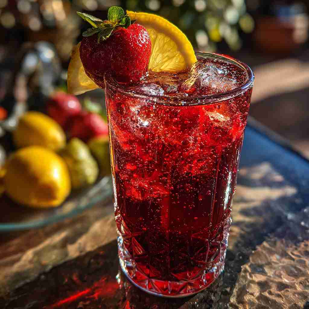 The Best Hibiscus Tea Strawberry-Lemonade Refresher - effervescent bubbling finish over clear ice cubes with fresh sliced strawberries on the glass rim