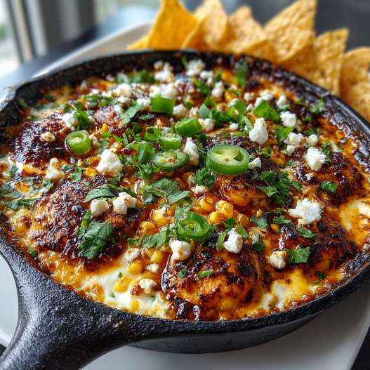 The Best Mexican Street Corn Dip - seasoned crunchy edges with vibrant dipping sauce with fresh cilantro leaves and sliced jalapeños