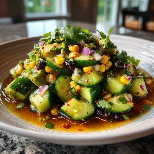 This Cucumber, Corn, Black Bean, and Avocado Salad Is Delicious and Filling - delicate fresh leaves tossed with vibrant seasonal toppings with shaved radishes and fresh herbs
