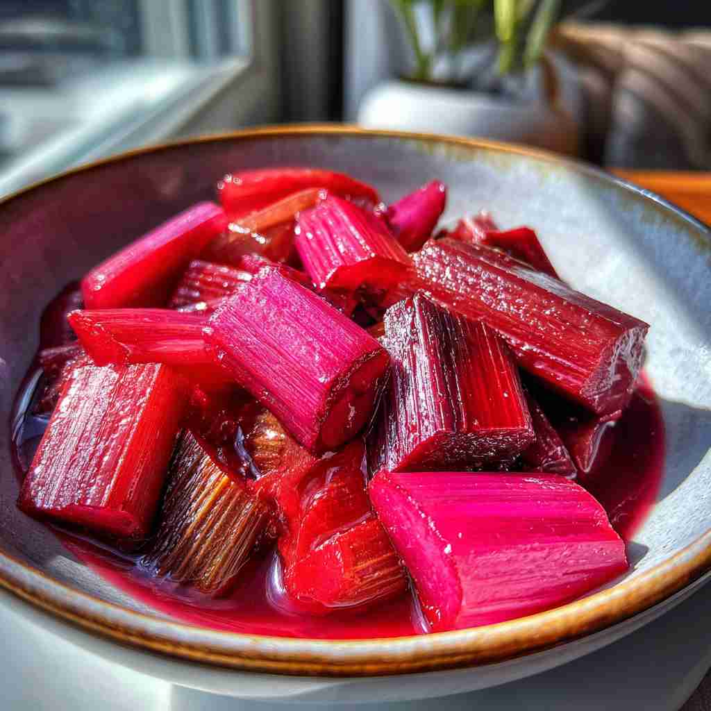 Three Ingredient Stewed Rhubarb - chewy soft-baked center and crisp edges with drizzled melted chocolate