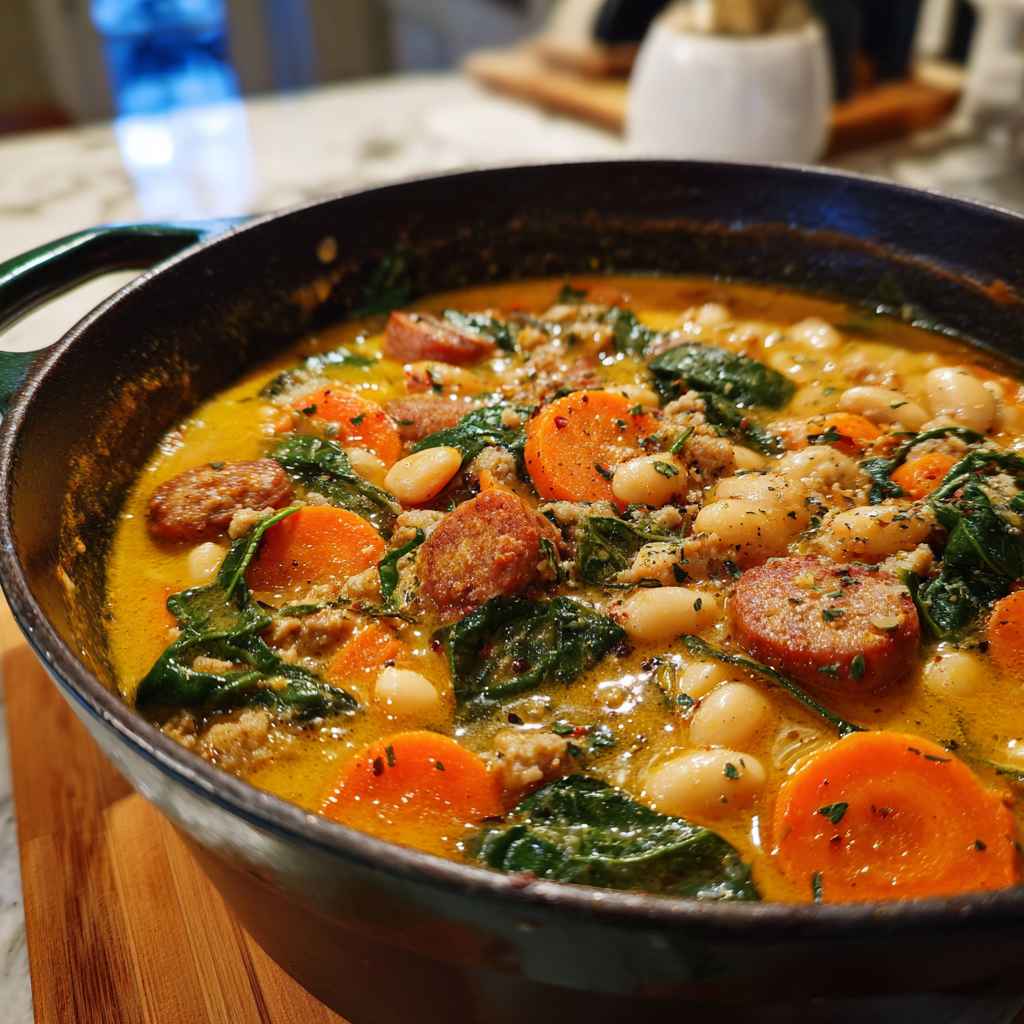 Tuscan White Bean Soup - steaming with a swirl of cream and cracked black pepper