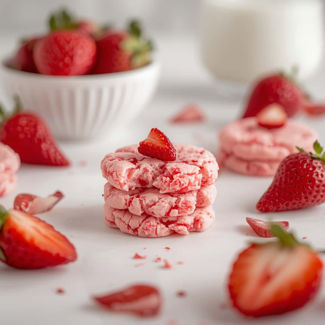 Valentine Strawberry Cookies Recipe - chewy soft-baked center and crisp edges with drizzled melted chocolate