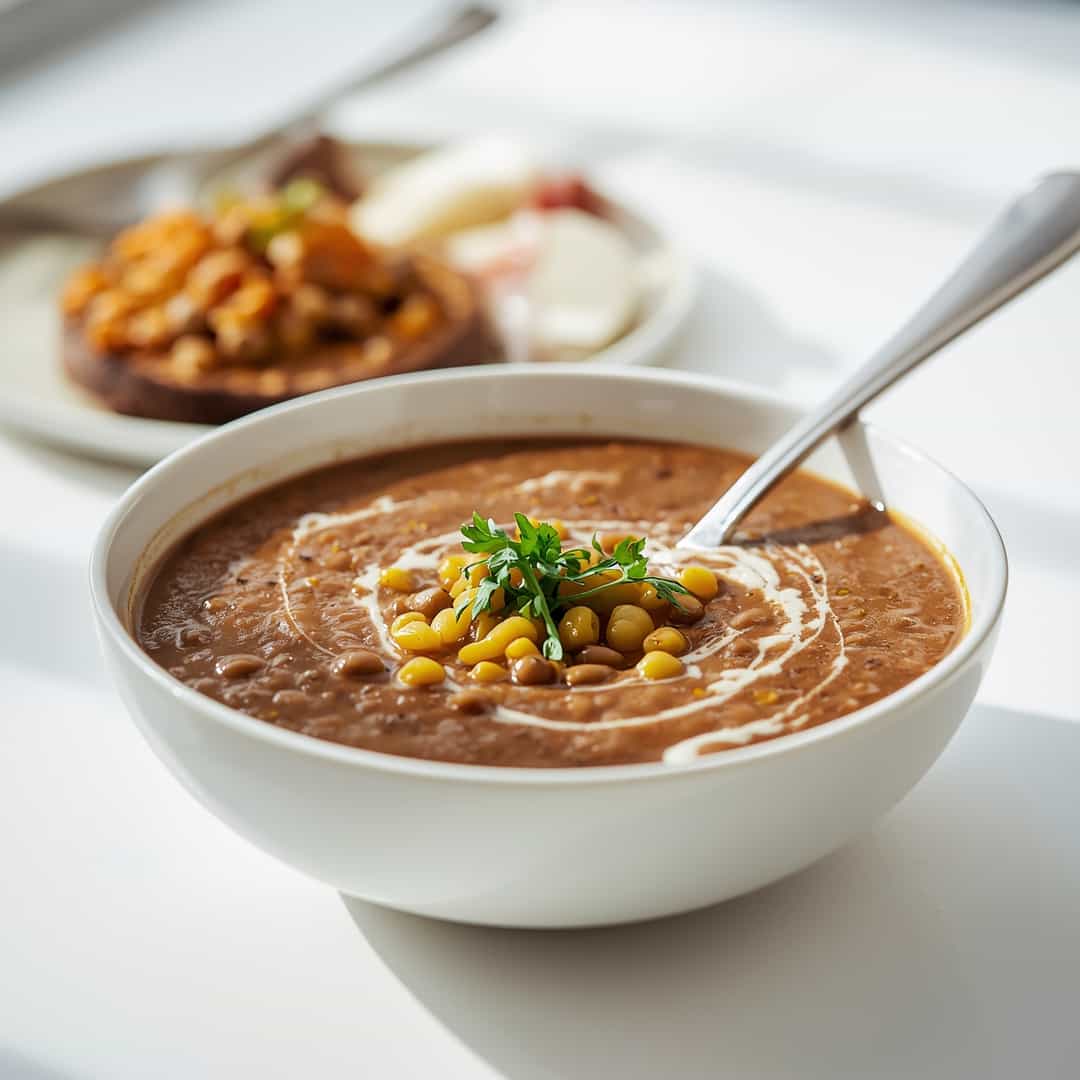 Vegan black eyed pea soup - rich hearty simmer with deep aromatic color with grated aged Parmesan and crunchy croutons