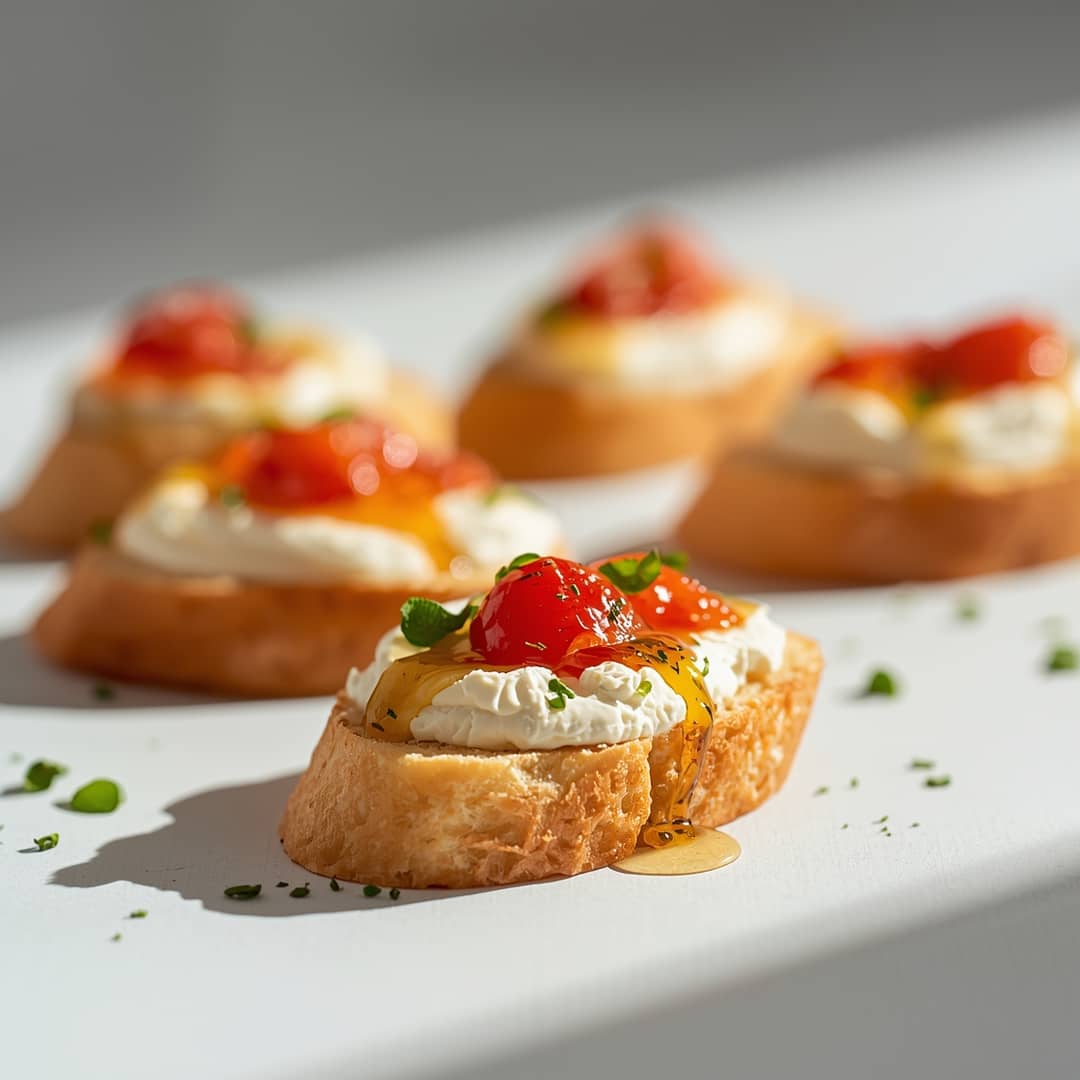 Whipped Feta Crostini Hot Honey - smooth creamy blended texture with rich froth with a festive straw and lime wedge