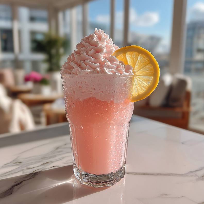 Whipped Pink Lemonade Recipe - frosted condensation with a delicate sugared rim and berry skewer